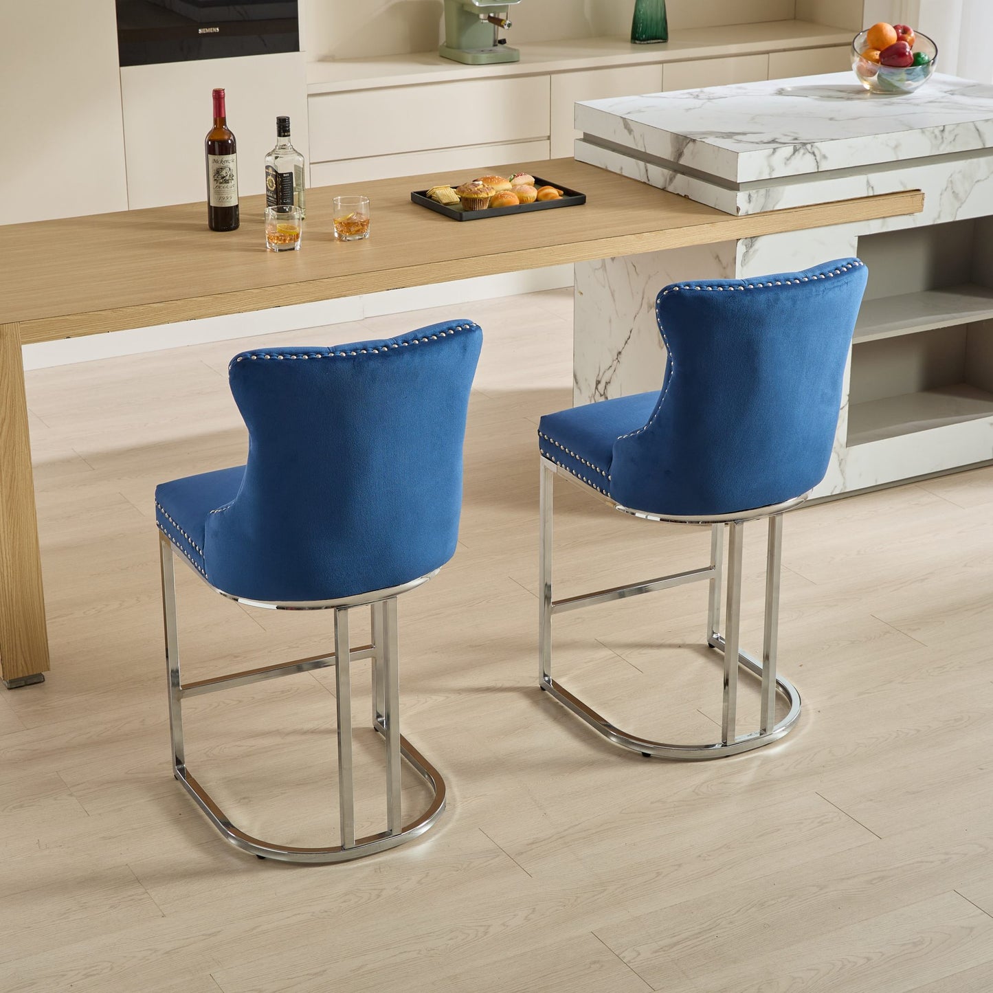 Moza – Set of 2 – 25" Blue Velvet Button Back Counter Height Bar Stools with Chrome Base, High Back, and Rivet Trim for Kitchen Island