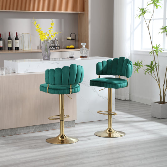 Elysian - Set of 2 - 24" Adjustable Emerald Green Velvet Swivel Bar Stools with Footrest and Golden Metal Legs for Kitchen & Dining