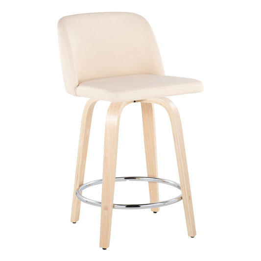 Torian - Set of 2 - 24" Wood Swivel Counter Stools with Cream Faux Leather Upholstery and Chrome Metal Footrest