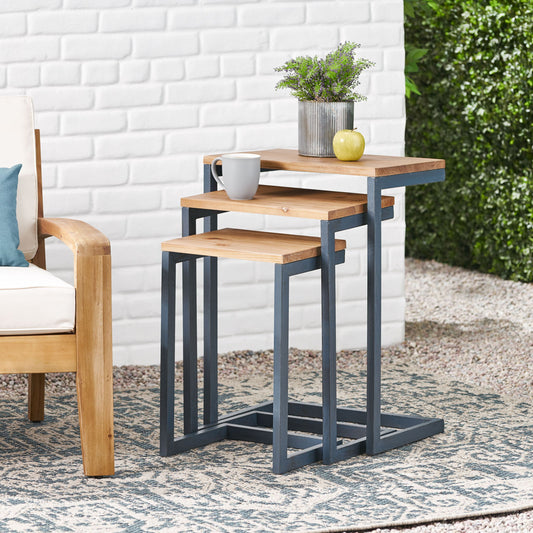 Kacha - Modern Industrial Firwood Nesting Tables (Set of 3) With Iron Frame - Antique Brown / Black