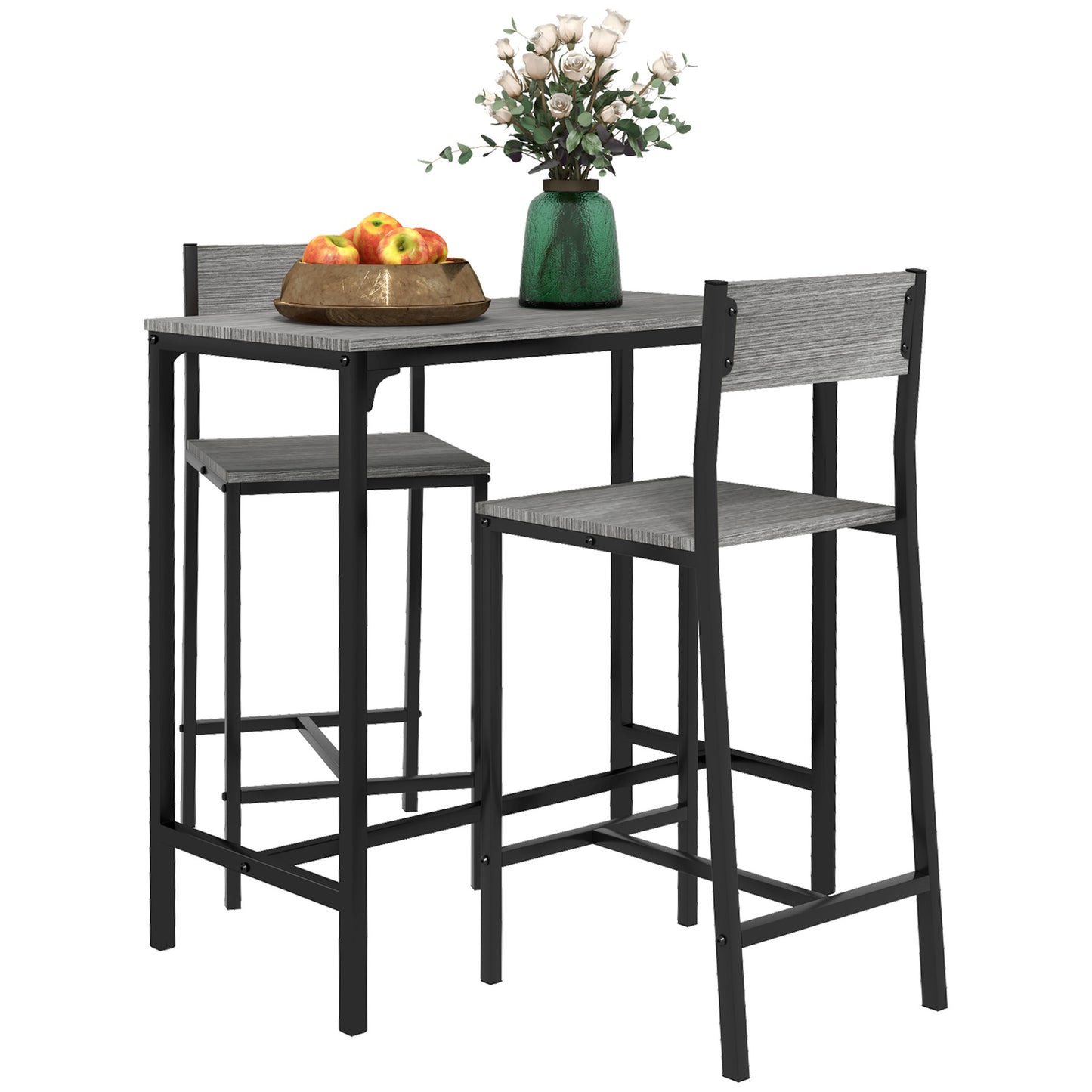 Honeycomb - Set of 3 - 35" Industrial Counter Height Bar Table Set with 2 Stools, Space-Saving Breakfast Table in Gray