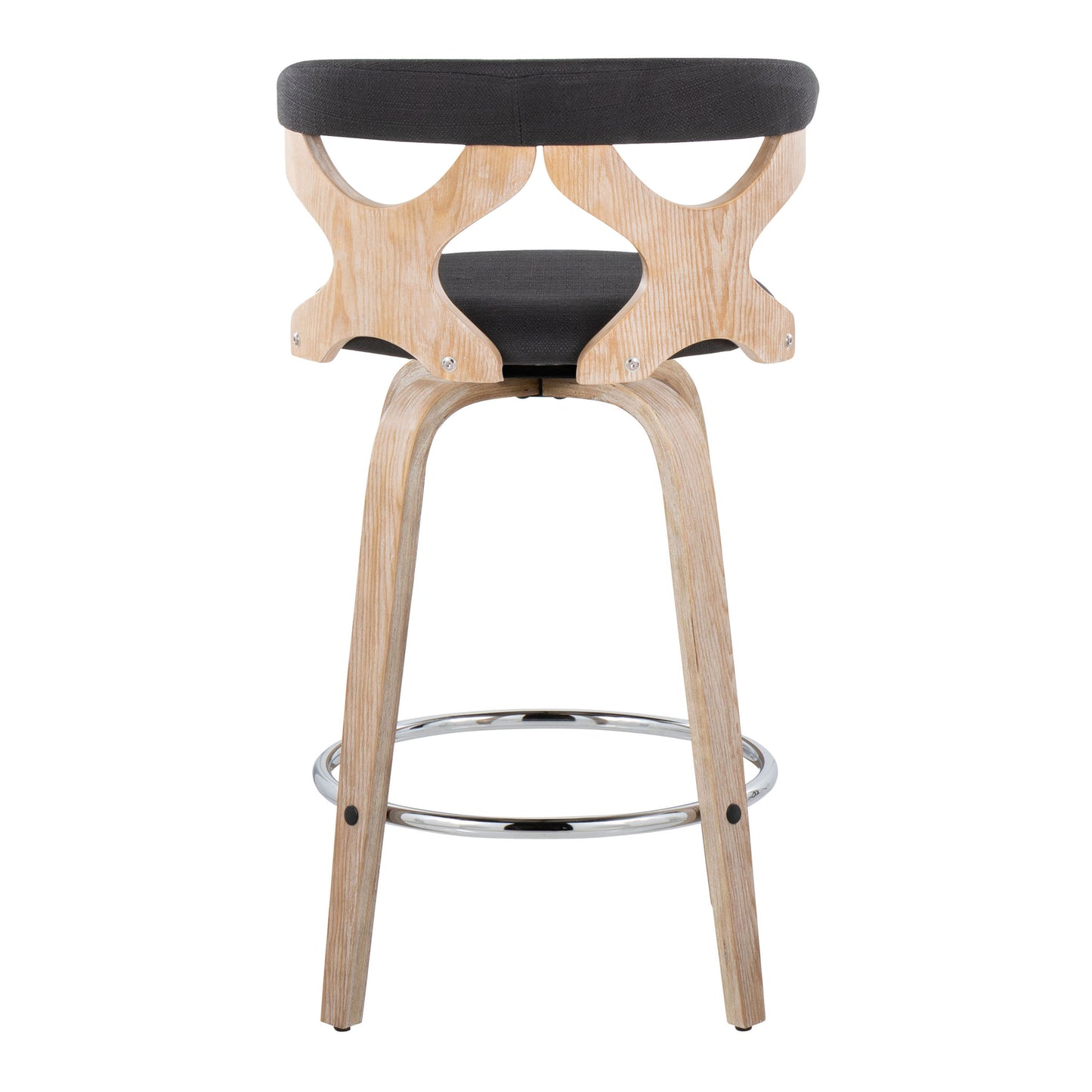 Galviora - Set of 2 - 26" White Washed Wood Swivel Counter Stools with Charcoal Fabric Upholstery and Round Chrome Footrest