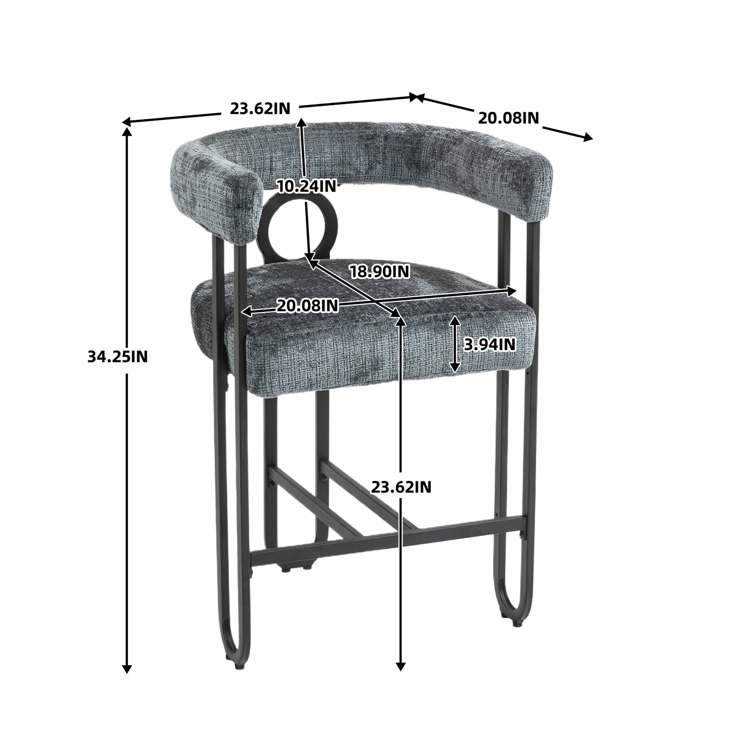 Clarique - Set of 2 - 24" Gray Chenille Modern Bar Stool with Back, Black Metal Frame, Upholstered Seat for Kitchen Island, Pub, or Club