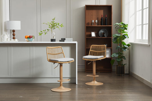 Alexia - Set of 2 - 30" Light Brown Swivel Rattan Bar Stools with Upholstered Seat and Footrest for Kitchen or Dining Room