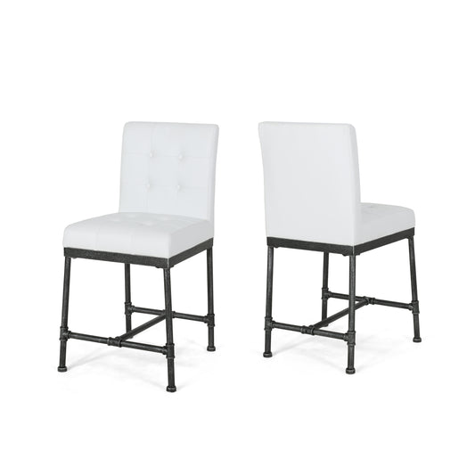 Luster - Set of 2 - 24" White Button-Tufted Counter Stools with Industrial Metal Base, 24" Seat Height