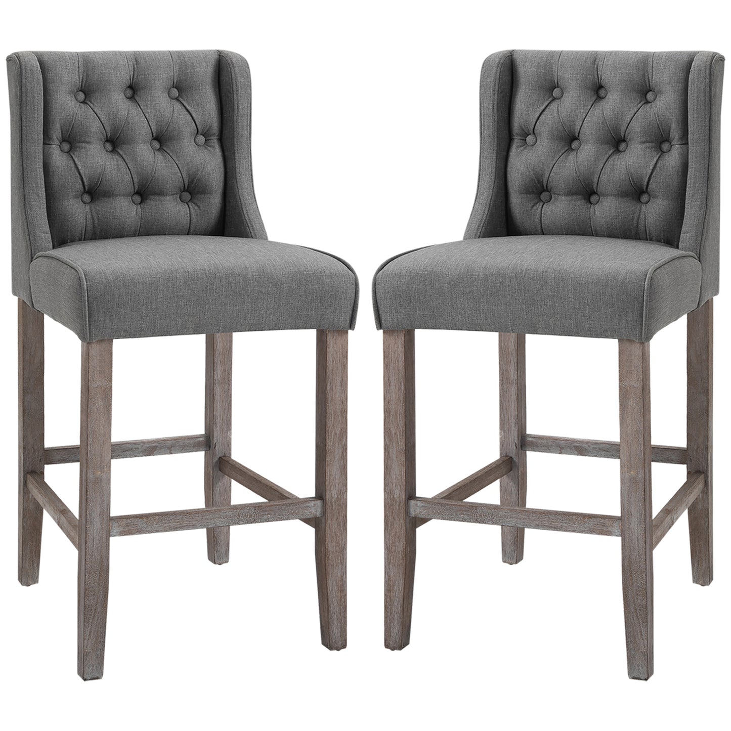 Hakeem - Set of 2 - 26.25" Gray Tufted Wingback Armless Counter Height Bar Stools with Upholstered Seat and Rubberwood Legs