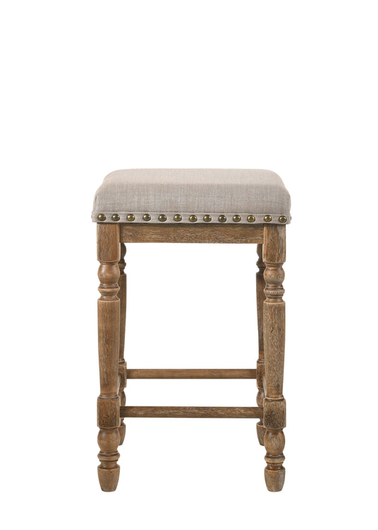 Valala - Set of 2 - 24" Beige Fabric & Weathered Oak Counter Height Stools with Upholstered Seats and Nailhead Trim in Transitional Style