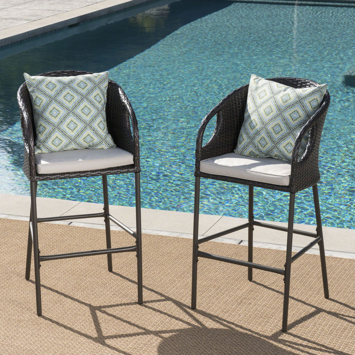 Outdoor 31" Rattan Barstools With Waterproof Cushions (Set of 2) - Multi Brown