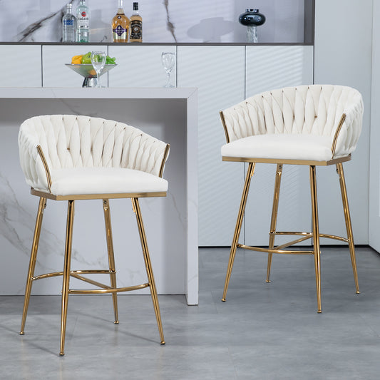 Adrienne - Set of 2 - 26" Beige Velvet Counter Height Bar Stools with Sculpted Wave Back and Gold Chrome Base