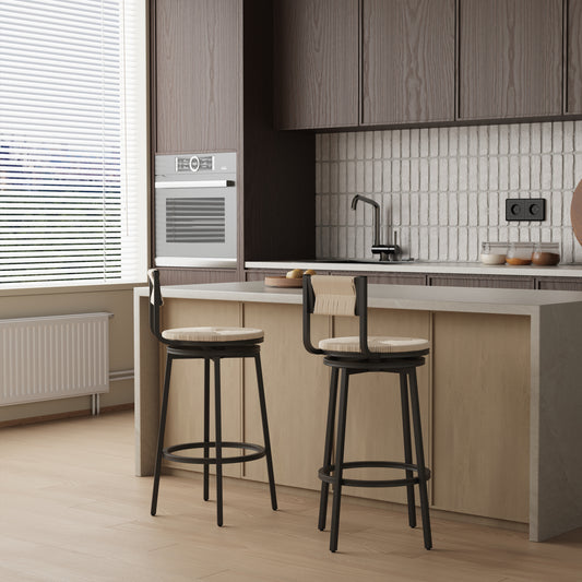 Lysander - Set of 2 - 26" Creamy White Hand-Woven Swivel Bar Stools, Black Metal Frame with Footrest, Rustic Farmhouse Style