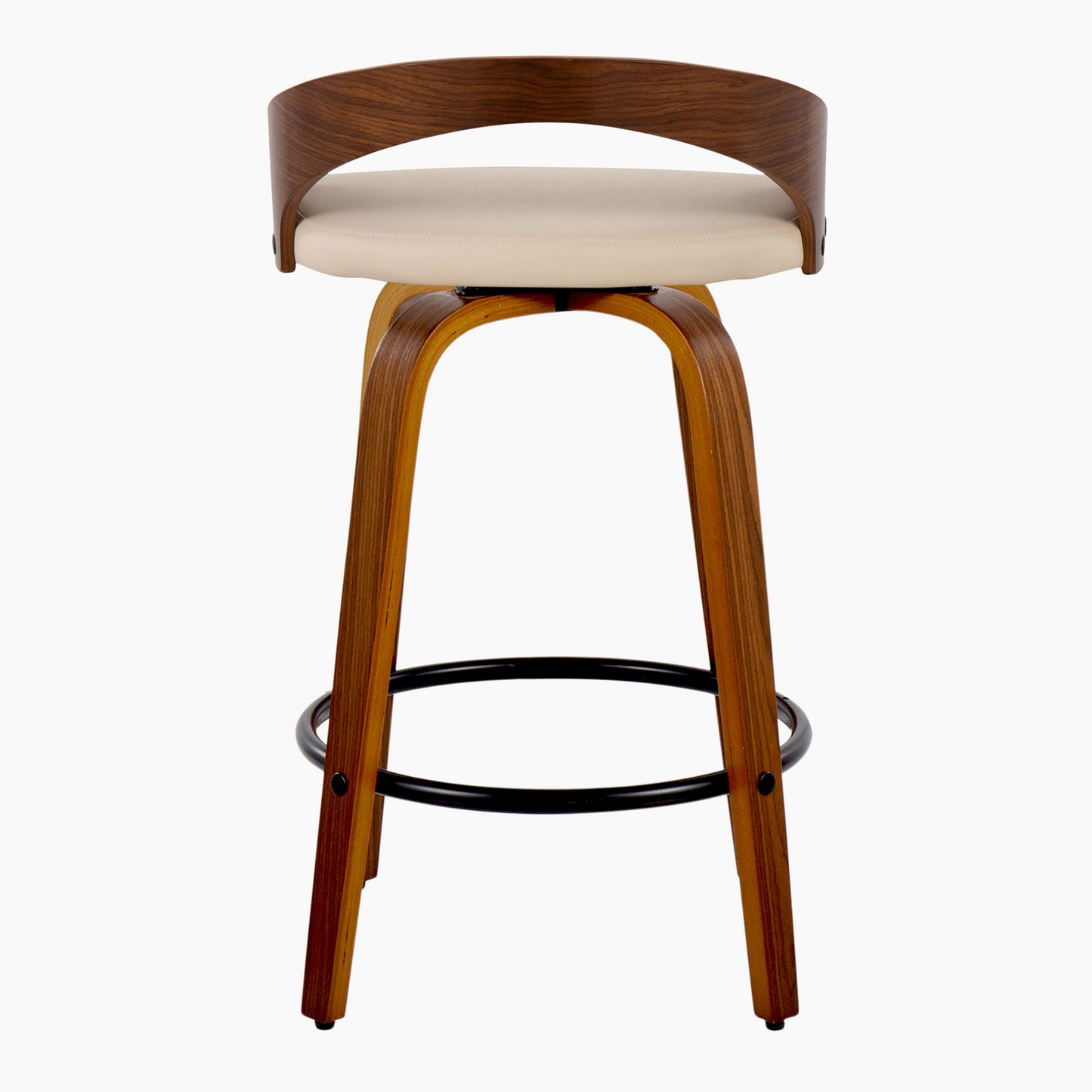 Gail - Set of 2 - 26" Walnut Wood Counter Stools with Cream Faux Leather Swivel Seat, Mid-Century Modern Design