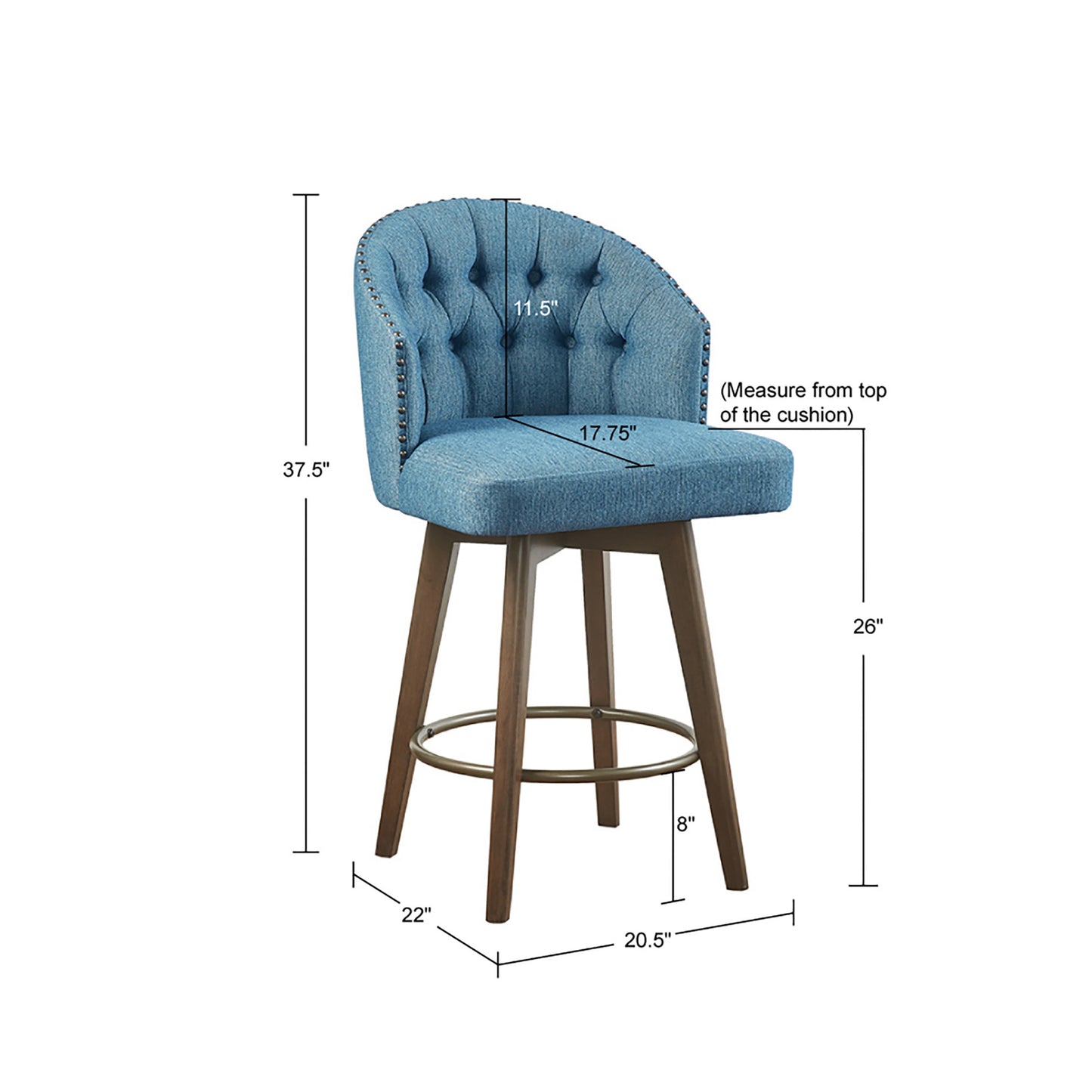 Halvoria – Set of 2- 26" Blue Upholstered 360° Swivel Counter Stool with Button