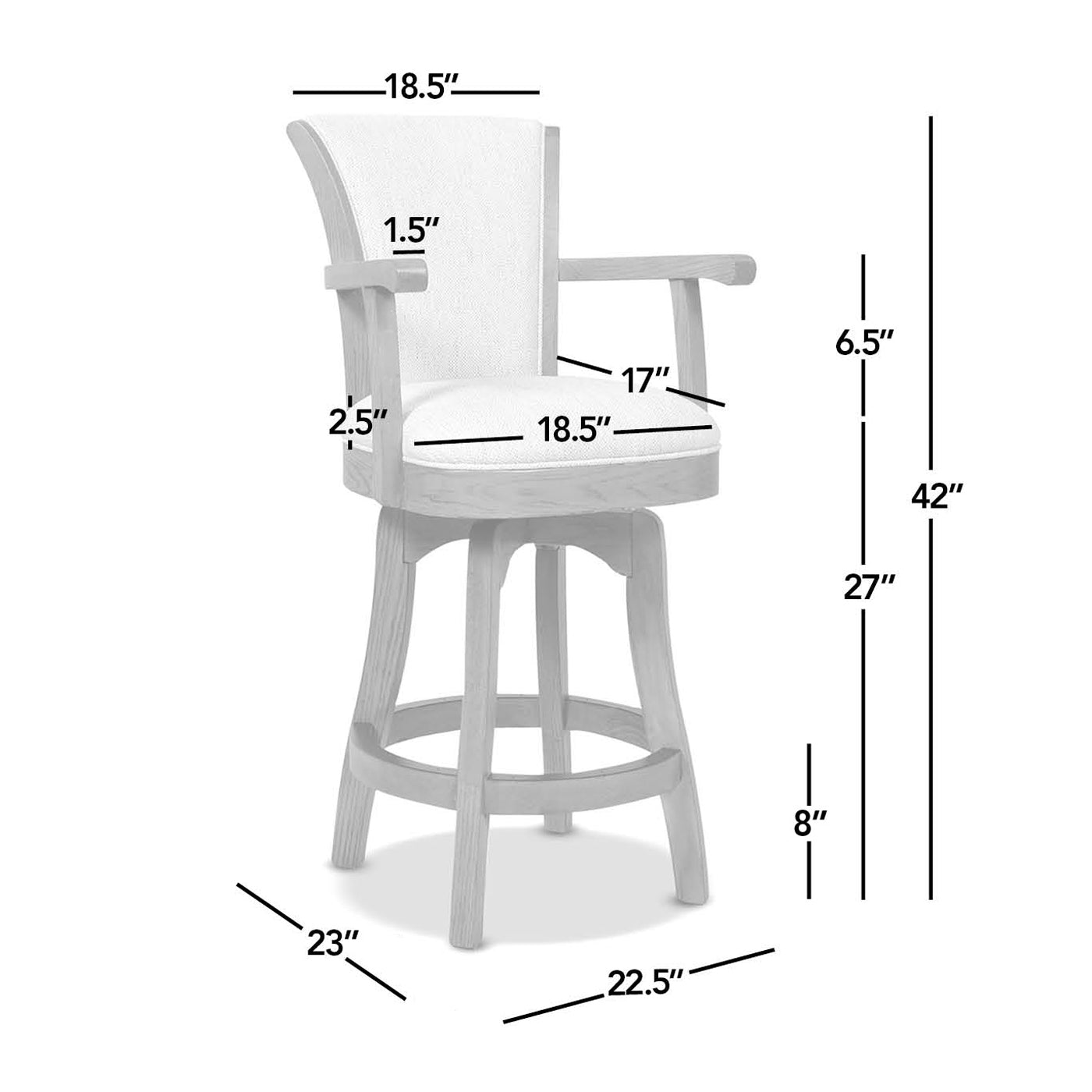 Williams - Set of 2 - 27" Swivel Counter Height Bar Stools with Natural White Linen Upholstery, High Back, and Hardwood Frame
