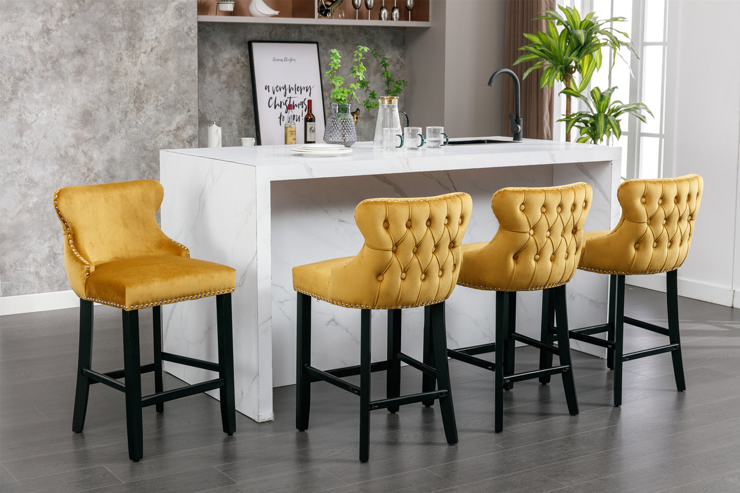 VeroGlow – Set of 4 – 27" Bar Stools with Gold Velvet Upholstery, Wing-Back Design with Button Tufting, and Wooden Legs