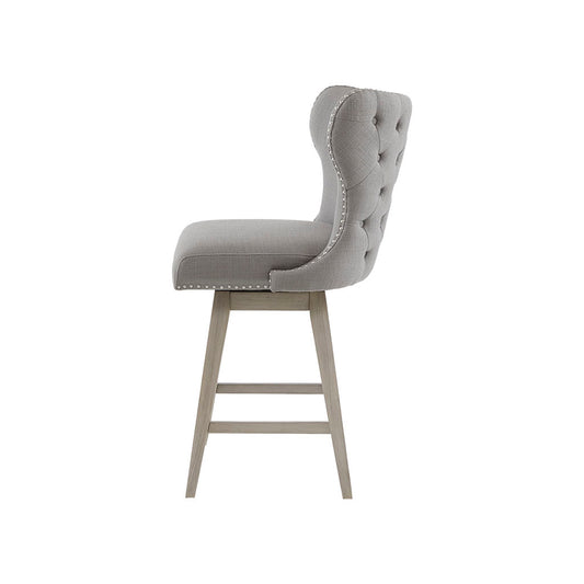 Esmare - Set of 2 - 26" - Light Grey Wingback Upholstered Swivel Counter Stools with Button-Tufted Back,
