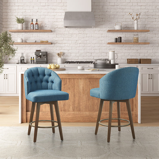 Halvoria – Set of 2- 26" Blue Upholstered 360° Swivel Counter Stool with Button