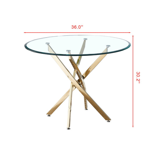 Contemporary Round Clear Dining Tempered Glass Table With Gold Finish Stainless Steel Legs - Gold
