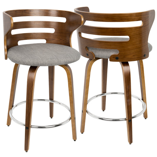 Cosini - Set of 2 - 24" Mid-Century Modern Swivel Counter Stool with Walnut Backrest & Grey Fabric, Chrome Footrest