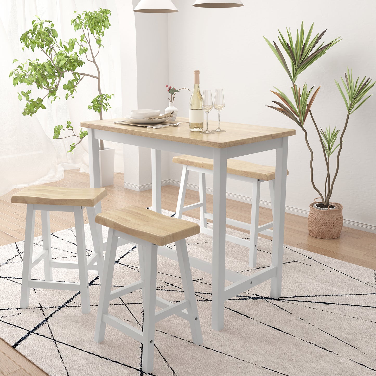 Harvord - Kitchen Bistro Table with 2 Stools & Bench - Natural & White Rubber Wood