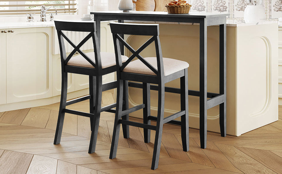 Keirios - Set of 2- 30" Rectangular Wood Bar Table with 2 Gray Upholstered Chairs 3-Piece Farmhouse Dining for Small Spaces