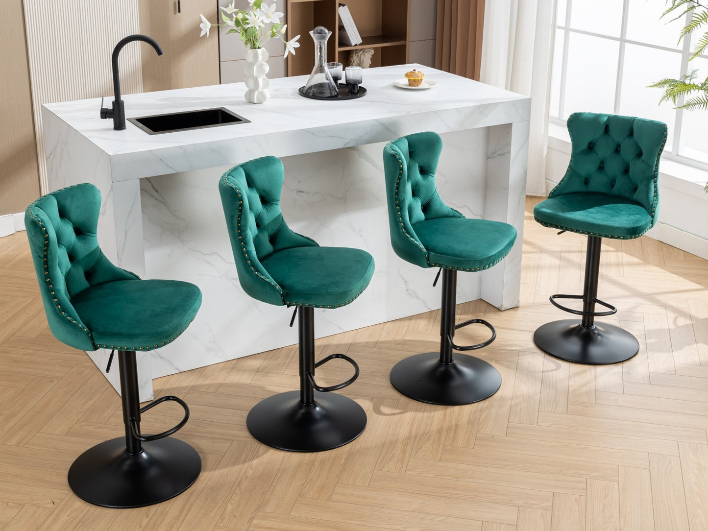 Luxury - Set of 2 - 25" Green Velvet Swivel Barstools with Adjustable Seat Height, Upholstered Tufted Chairs & Copper Nailheads