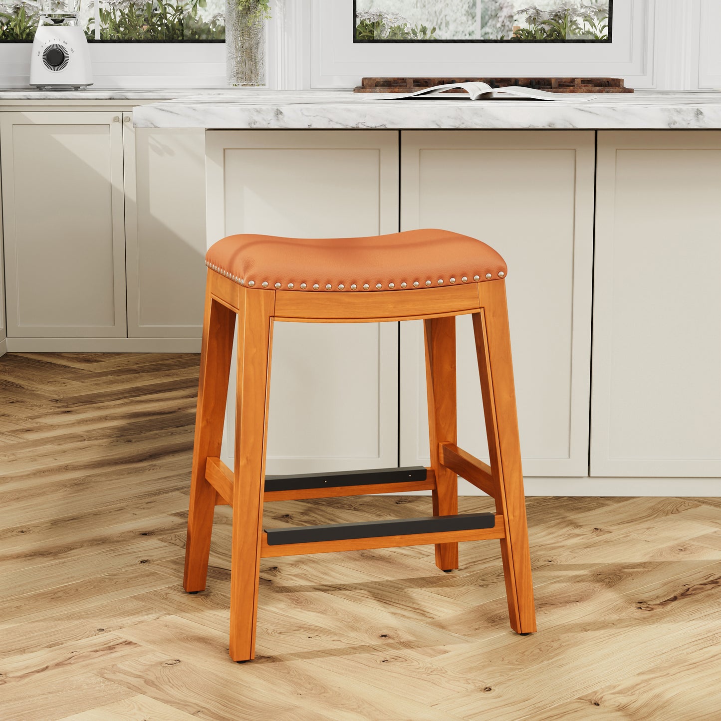 Valistra - Set of 2 - 24" Natural Counter Stools with Saddle Leather Seat
