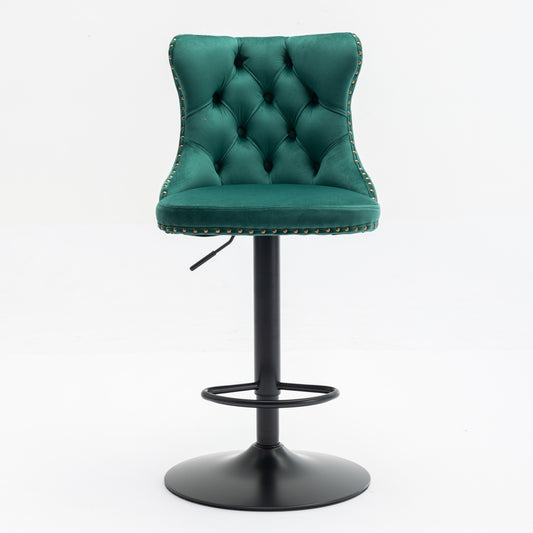 Luxury - Set of 2 - 25" Green Velvet Swivel Barstools with Adjustable Seat Height, Upholstered Tufted Chairs & Copper Nailheads