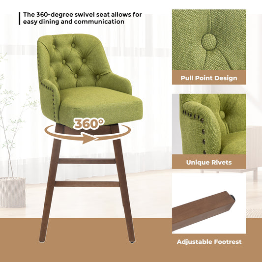 Olive - Set of 2 - 27" Linen Swivel Counter Stools Seat with Solid Wood Legs - 360° Rotation for Kitchen & Dining Room