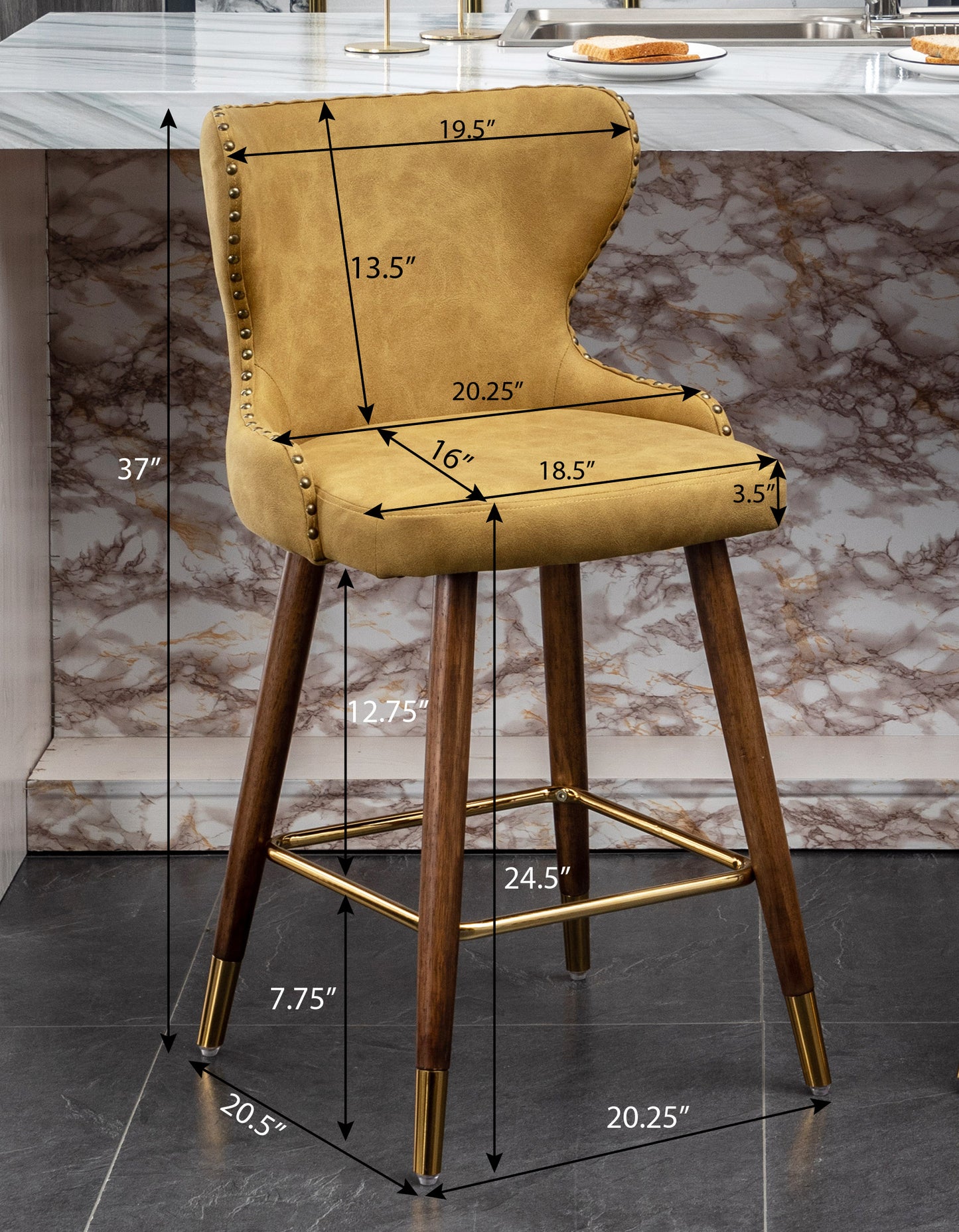 Nolani - Set of 2 - 26" Off-White Faux Leather Tufted Counter Stools with Nailhead Trim, Walnut Legs, and Gold Footrest