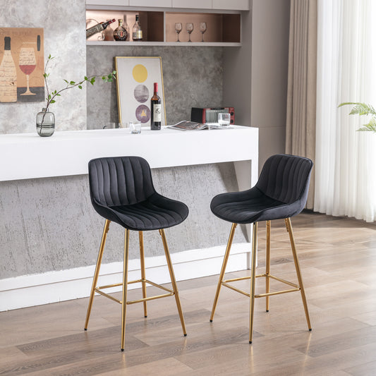 Loopis - Set of 2- 26" Black Velvet Bar Stools with Chrome Footrest & Golden Legs
