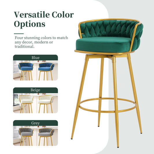 Gaynor - Set of 2 - 30" Velvet Swivel Bar Stools with Hand Woven Backrest, Gold Metal Legs, and Footrest