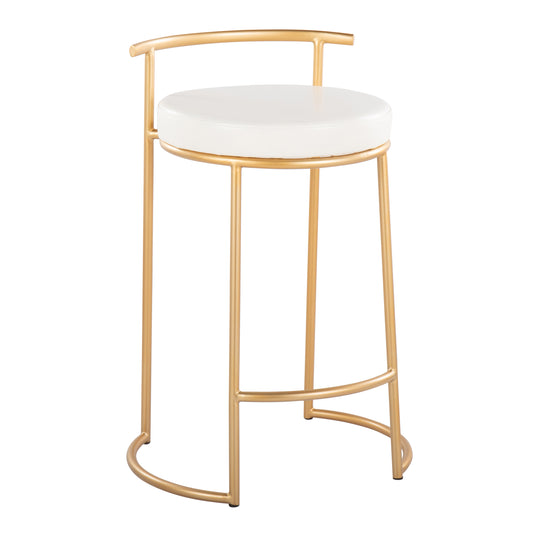 Lavinia - Set of 2 - 26" Round Counter Stools with Gold Frame & White Faux Leather - Fixed Height