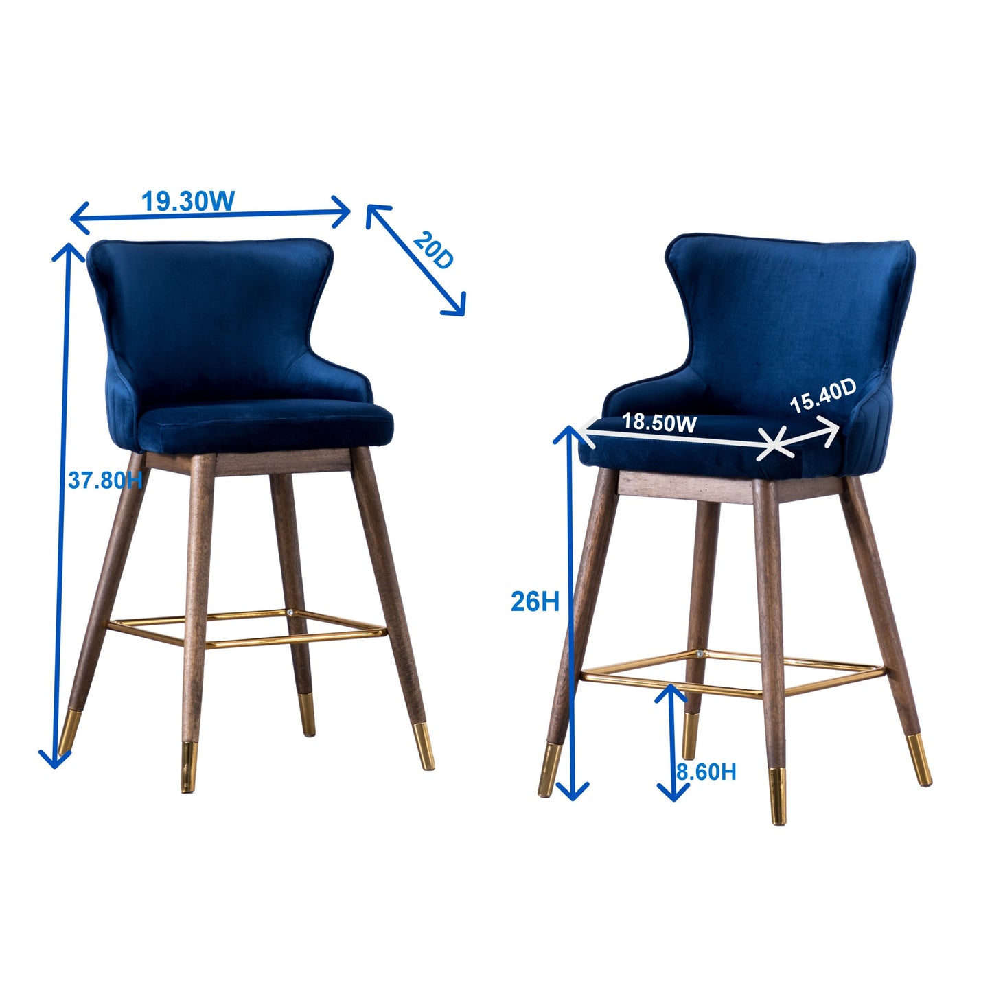 Loryn - Set of 2 - 26" Blue Wingback Counter Height Bar Stools with Upholstered Fabric