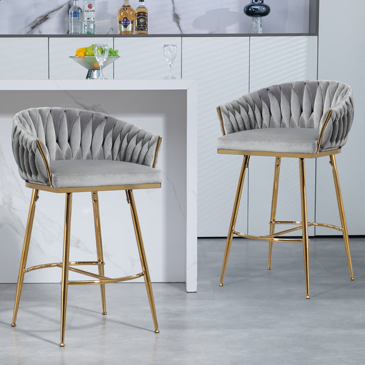 Stathmore - Set of 2 - 26" Grey Velvet Gold Counter Bar Stools with Wave Back