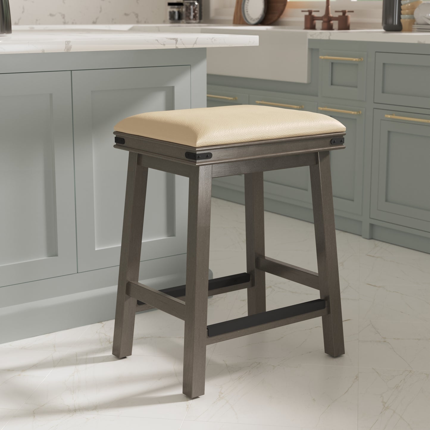 Beaumont - Set of 2 - 24" Counter Stools with Weathered Gray Finish and French Gray Leather Seats
