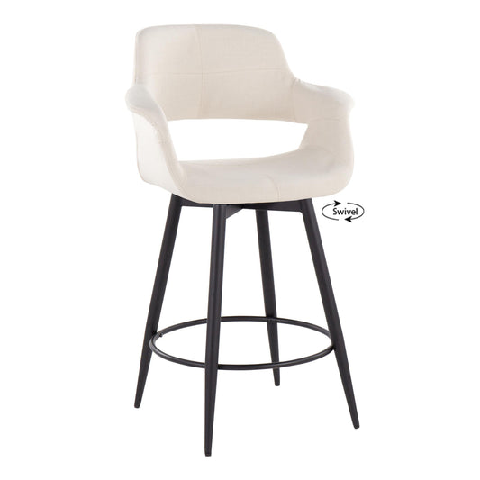 Henfryn Set of 2 - 26" Cream Fabric Mid-Century Counter Stools with Swivel & Matte Black Metal Base