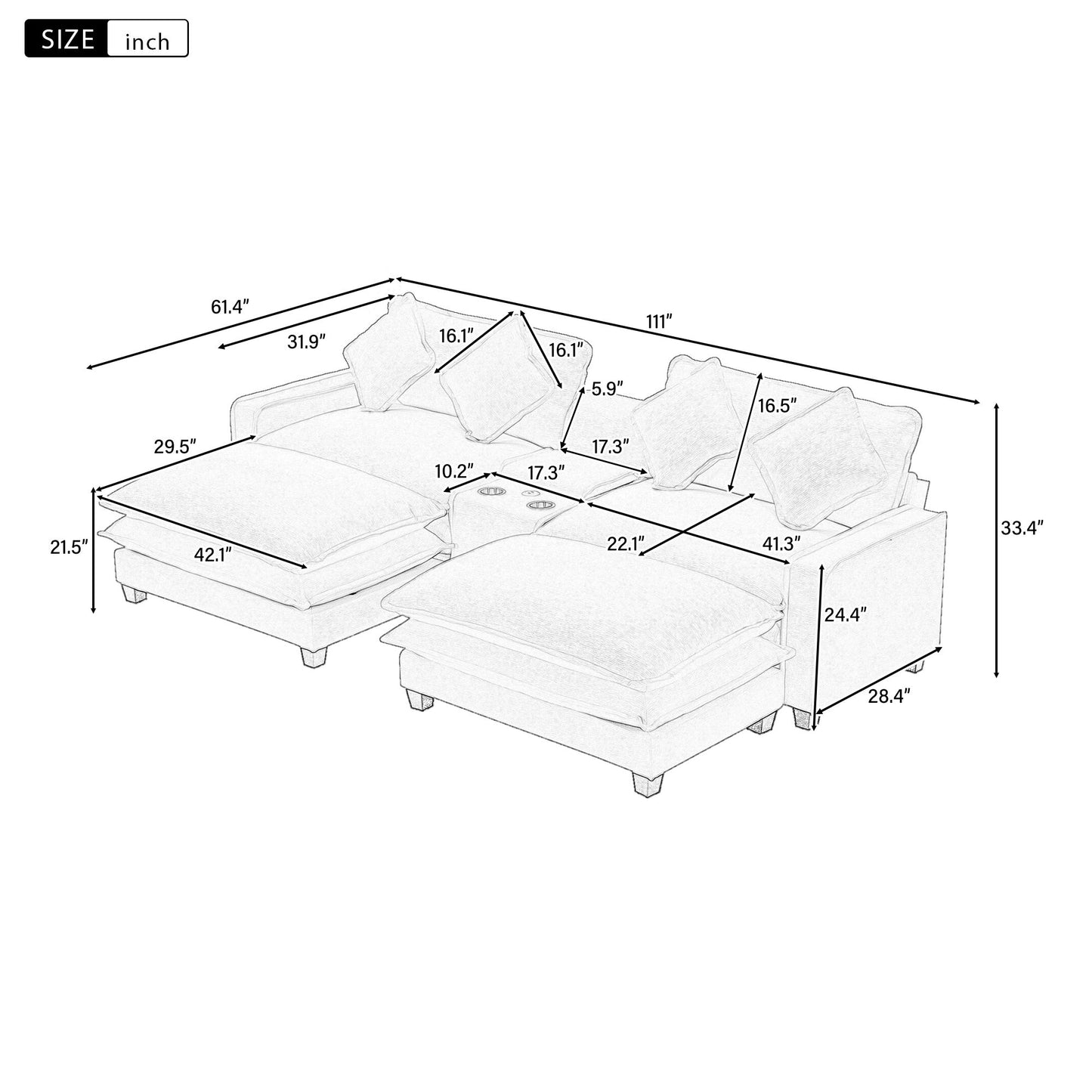Modern Sectional Sofa With Removable Ottomans, USB Ports