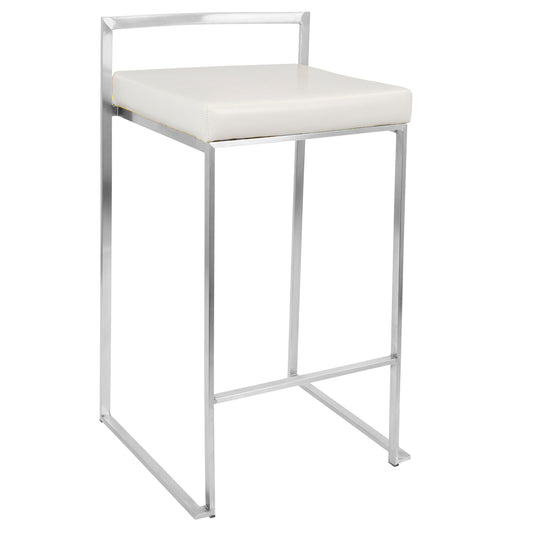 Linda - Set of 2 - 26" Contemporary Stackable Counter Stools in White Faux Leather - 16" W x 17.5" D x 31" H