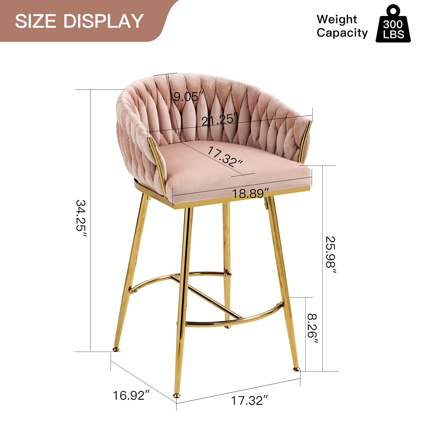 Calista - Set of 2 - 26" Pink Velvet Counter Height Gold Base Stools with Wave Back