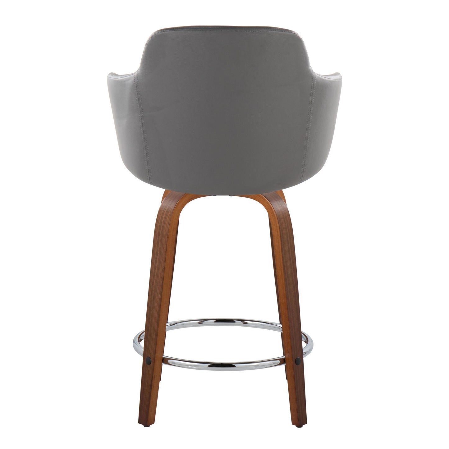 Glinterra - Set of 2 - 24" Contemporary Swivel Counter Stools in Walnut Wood & Grey Faux Leather with Chrome Footrest