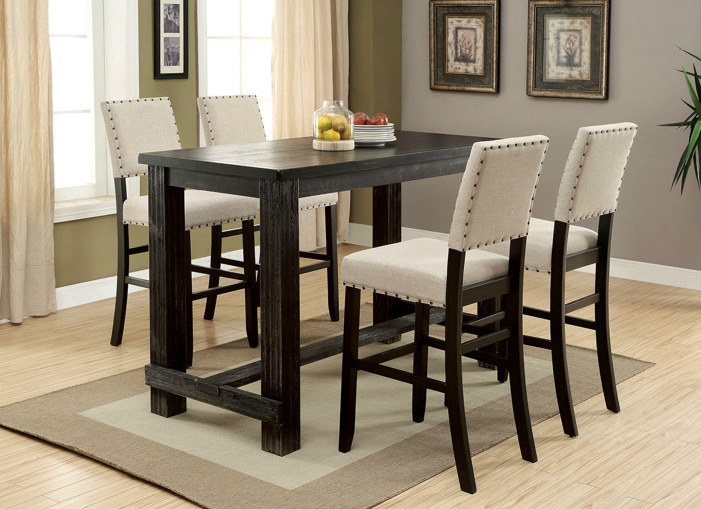Sariah - Set of 2- 24" Height Ivory Linen Counter Stools with Nailhead Trim and Antique Black Solid Wood Frame