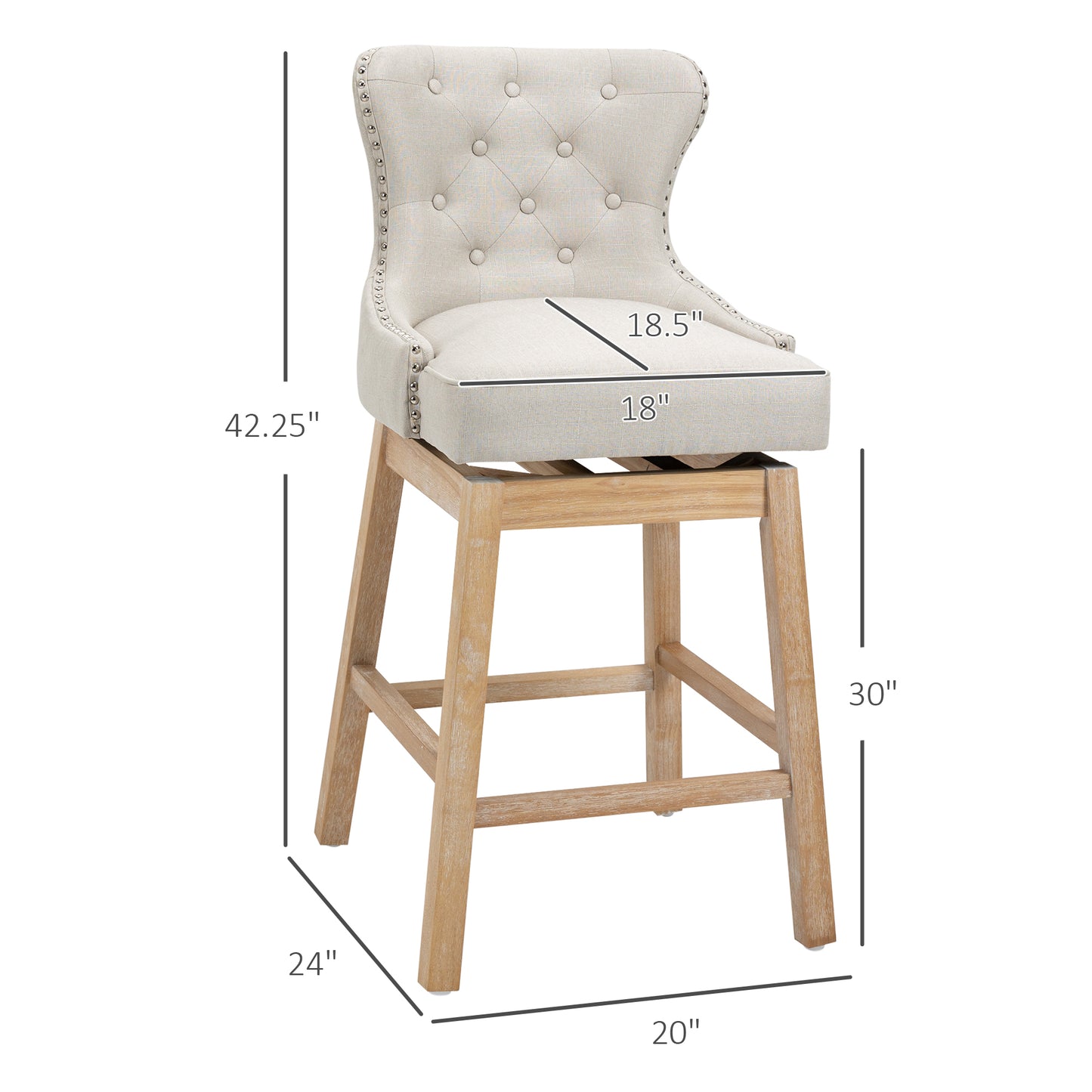 Hadley - Set of 2 - 30” Cream Upholstered Swivel Bar Stools with Nailhead Trim and Rubberwood Legs