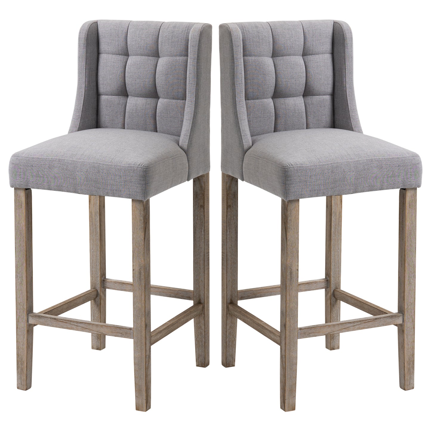 Kamille - Set of 2 - 30.25" Grey Tufted Upholstered Bar Stools with Back, Seat Height, Rubber Wood Legs, Modern Design for Kitchen & Dining Room