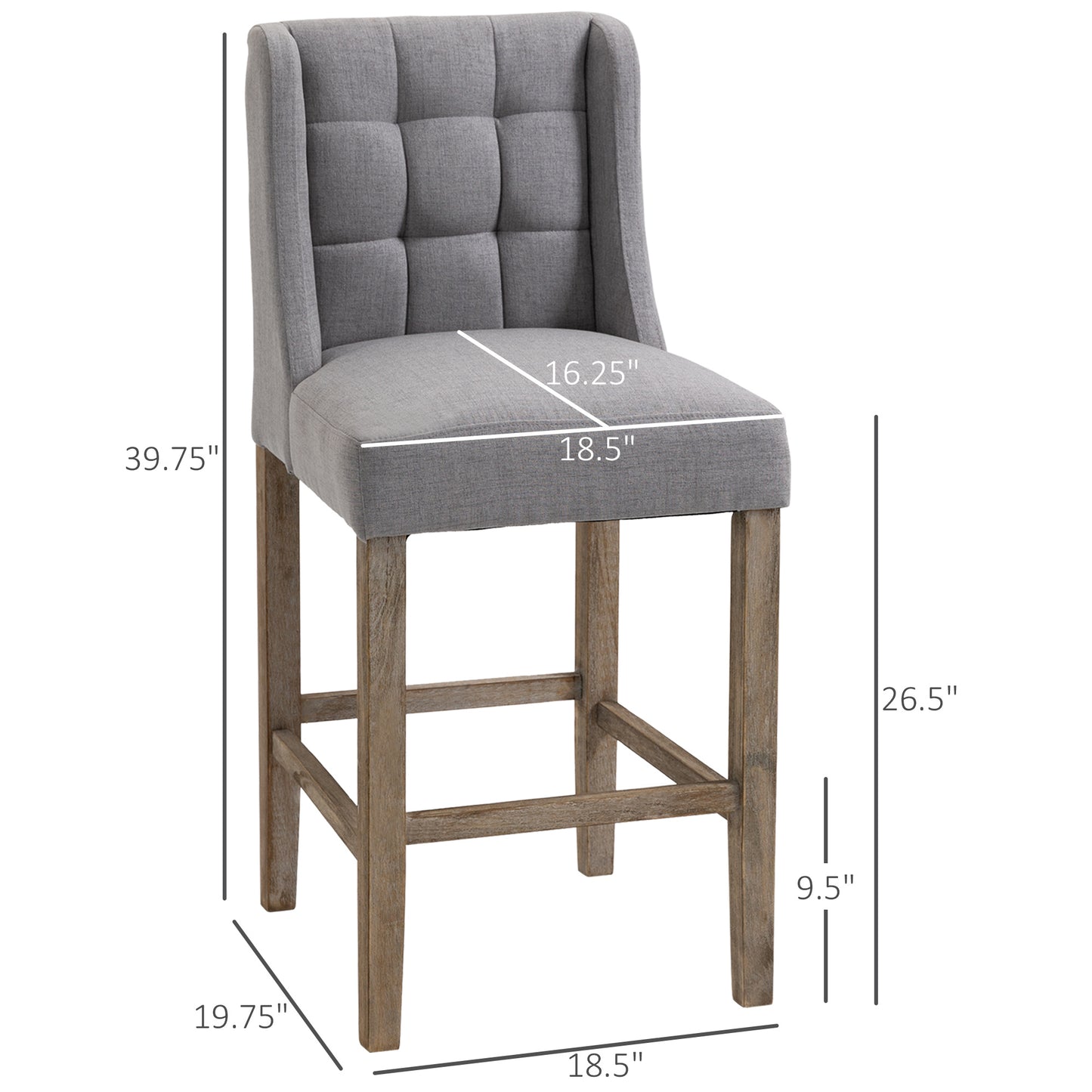 Luca - Set of 2 - 30" Grey Tufted Upholstered Bar Stools with Back, Rubber Wood Legs, Seat Height for Kitchen & Dining Room