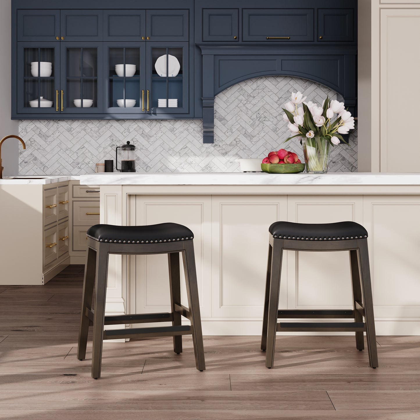 Styrton- Set of 2 - 24" Saddle Counter Stools Weathered Gray Finish with Black Leather Seats