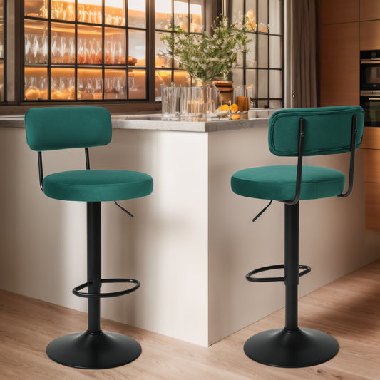 Hendrio - Set of 2 - 24.5"-30.5" Green Velvet Adjustable Bar Stools with Curved Backrest, Swivel Counter Height