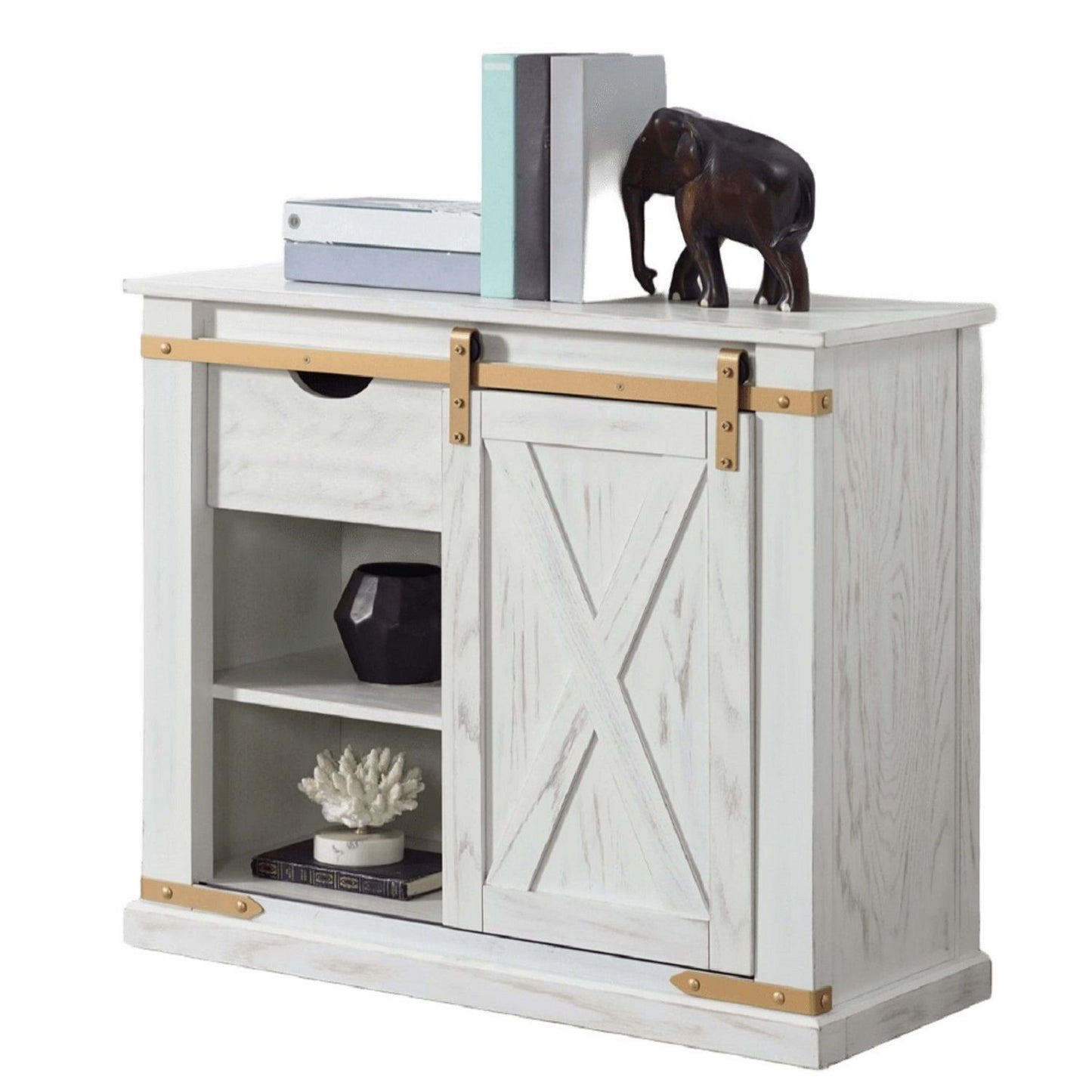 Console Table With Storage Drawer And Open Shelves - Antique White / Gold