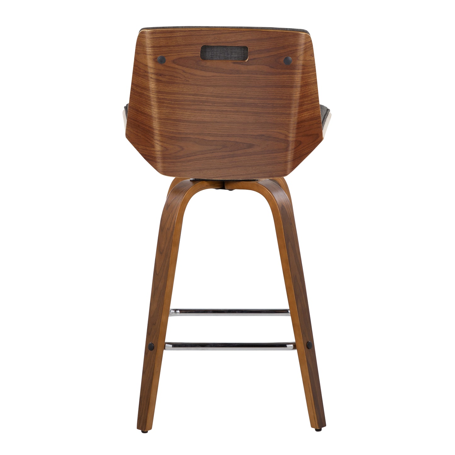 Nicolai - Set of 2 - 26" Mid-Century Modern Fixed-Height Counter Stools with Swivel, Charcoal Fabric, Walnut Wood, Square Chrome Footrest, and Ergonomic Design