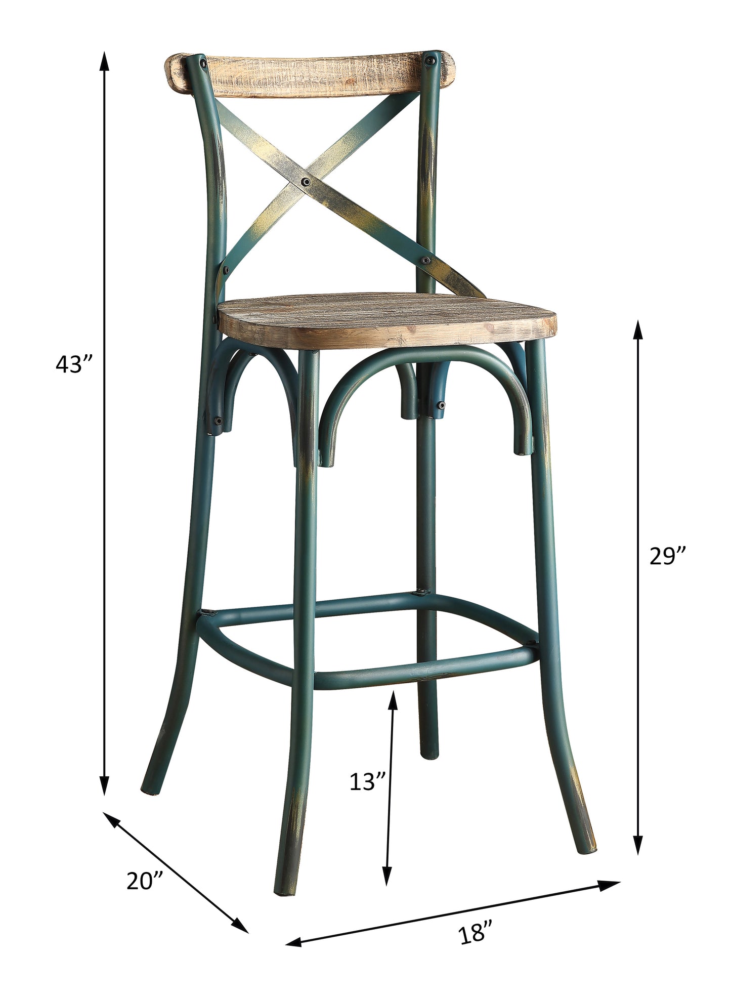 Zamira - set of 2-29" Industrial Bar Chair with High Back, Antique Turquoise and Oak Finish,43" Overall Height
