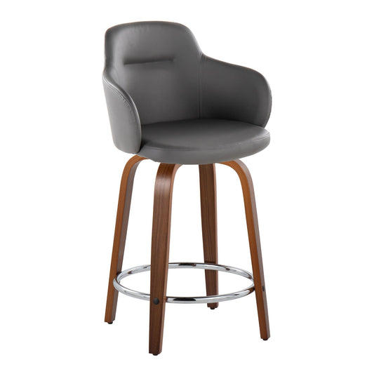 Glinterra - Set of 2 - 24" Contemporary Swivel Counter Stools in Walnut Wood & Grey Faux Leather with Chrome Footrest